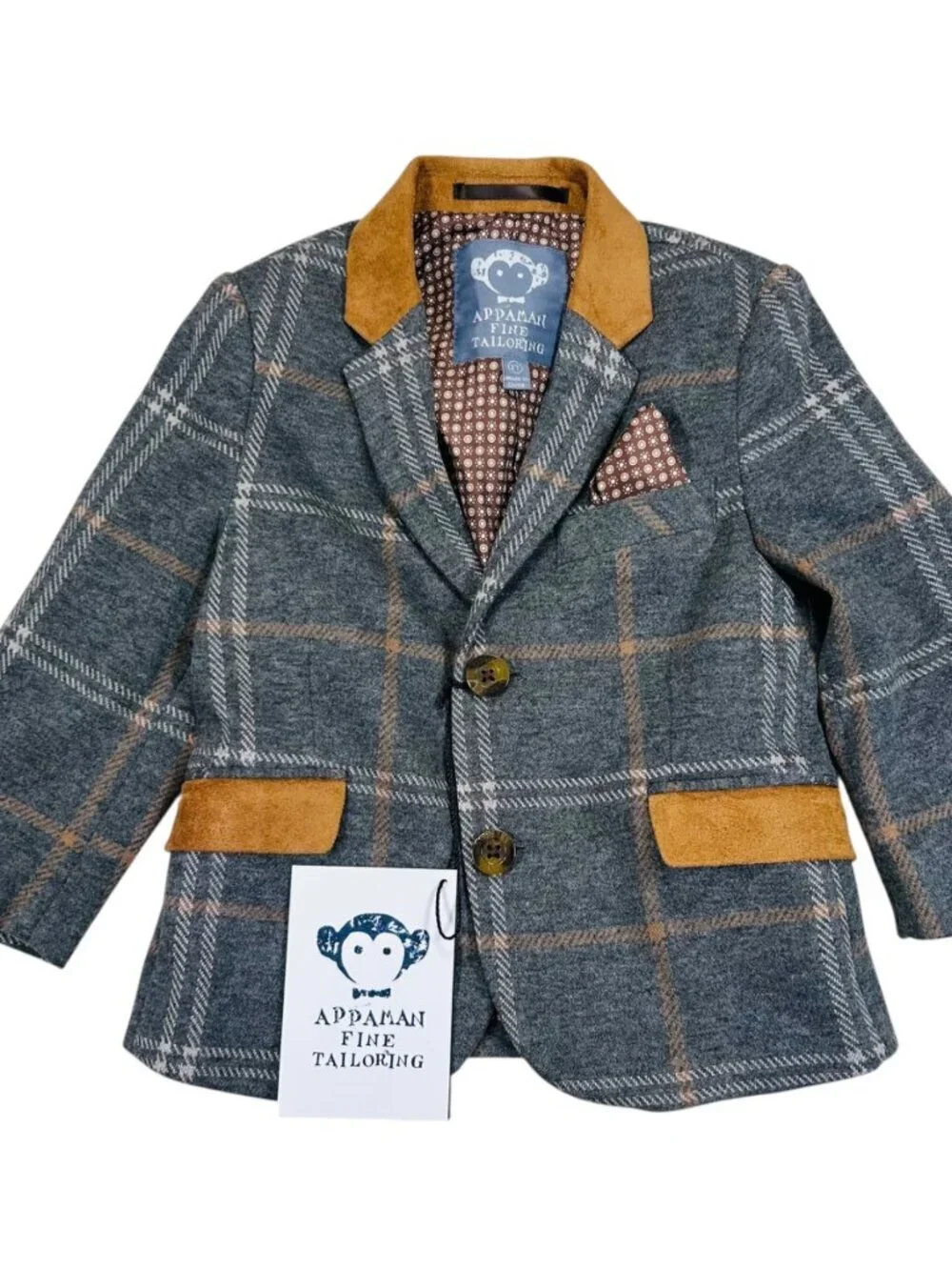 APPAMAN Kid’s Club Windowpane Blazer 2T Wool Plaid Formal Wedding Holiday Photo